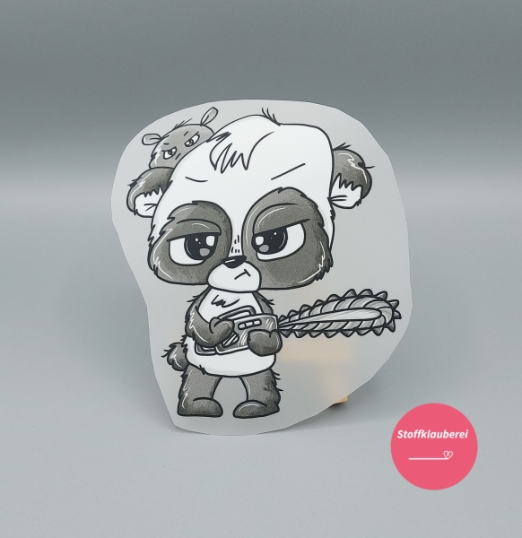 "Kettensägen Panda schwarz" Bügelbild groß (ca. 15,5cm X 13cm)
